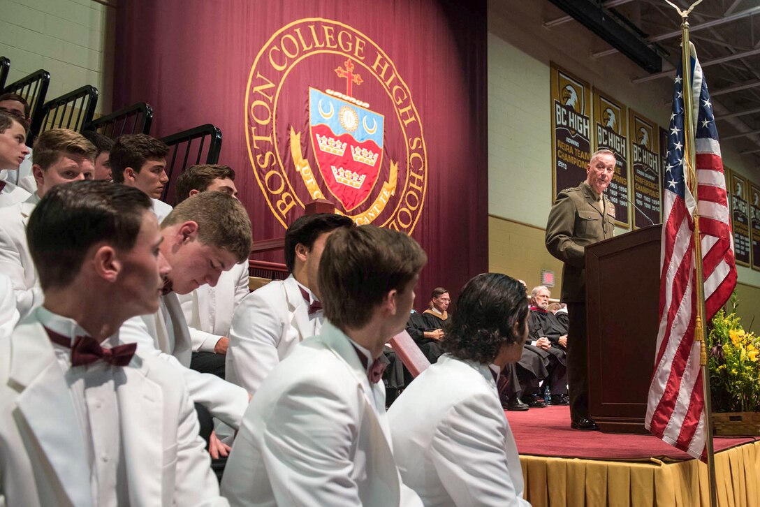 Marine Corps Gen. Joe Dunford, chairman of the Joint Chiefs of Staff, delivers the commencement address at his alma mater to graduates of Boston College High School in Boston, May 22, 2016. A Boston native, Dunford graduated from the high school school in 1973, went on to St Michael's College and received his commission in 1977. DoD photo by D. Myles Cullen