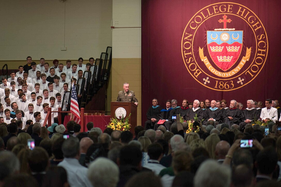 Chairman of the Joint Chiefs of Staff Gen. Joseph F. Dunford Jr., delivers the commencement address for the 2016 graduating class of Boston College High School in Boston, Mass., May 22, 2016. 
 DoD photo by D. Myles Cullen