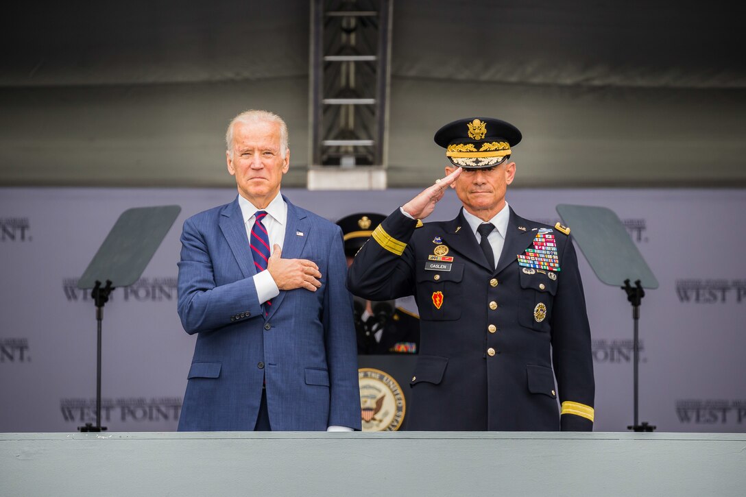 Vice President Joe Biden and Army Lt. Gen. Robert L. Caslen Jr., the U.S. Military Academy's superintendent, render honors before Biden delivers the commencement address to the academy's Class of 2016 in West Point, N.Y., May 21, 2016. Army photo by Staff Sgt. Vito T. Bryant

