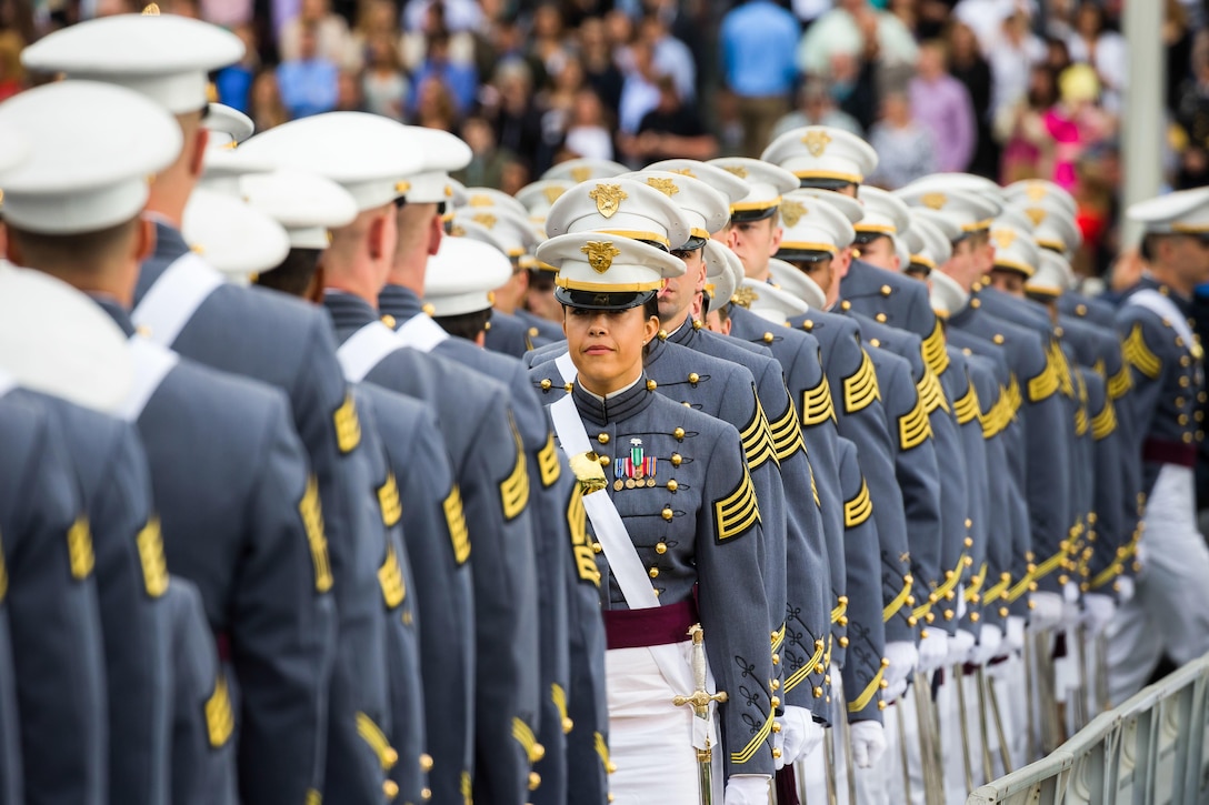 Class of 2016 cadets stand in line to receive their diplomas during the commencement ceremony at the U.S. Military Academy in West Point, N.Y., May 21, 2016. Army photo by Staff Sgt. Vito T. Bryant
