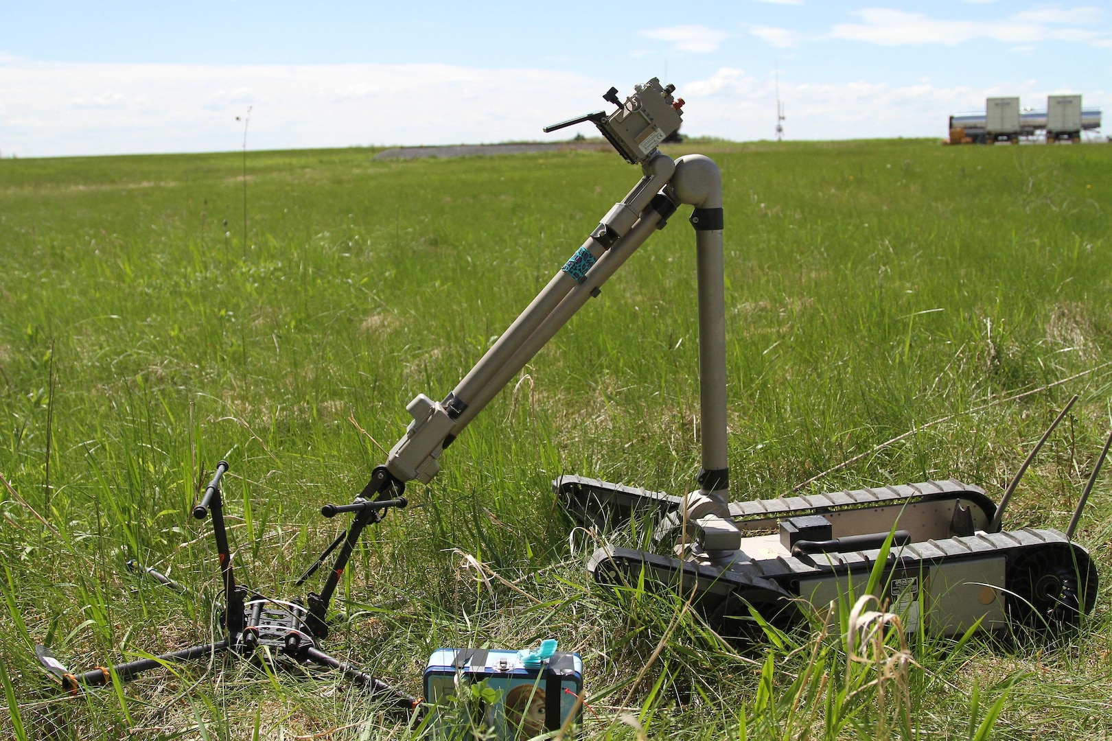A bomb disposal robot, piloted from a distance, examines a downed drone with explosive material tethered to it during training May 18A bomb disposal robot, piloted from a distance, examines a downed drone with explosive material tethered to it during training May 18. New York Army National Guardsmen trained for a week alongside domestic and international EOD military and law enforcement personnel during an exercise called Raven's Challenge at the New York State Preparedness Training Center in Oriskany New York . New York Army National Guardsmen trained for a week alongside domestic and international EOD military and law enforcement personnel during an exercise called Raven's Challenge X, May 16-20. 