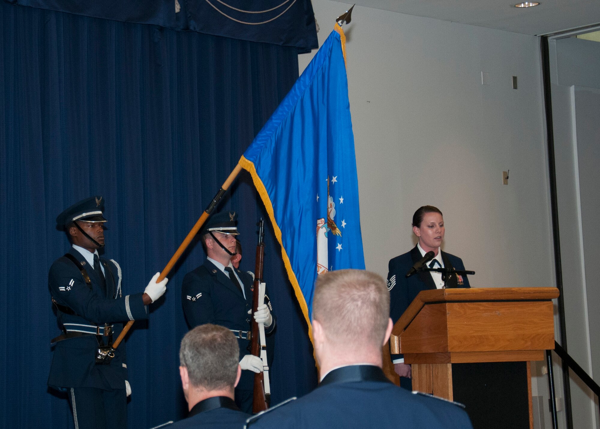 Senior non-commissioned officers with the 512th Airlift Wing, are inducted into the senior enlisted ranks during a ceremony at Dover Air Force Base, Del., May 21, 2016. The event and passing through a sabre arch recognizes the leadership positions the SNCOs now possess as they will lead Airmen in the future. (U.S. Air Force Photo/ Tech. Sgt. Nathan Rivard)