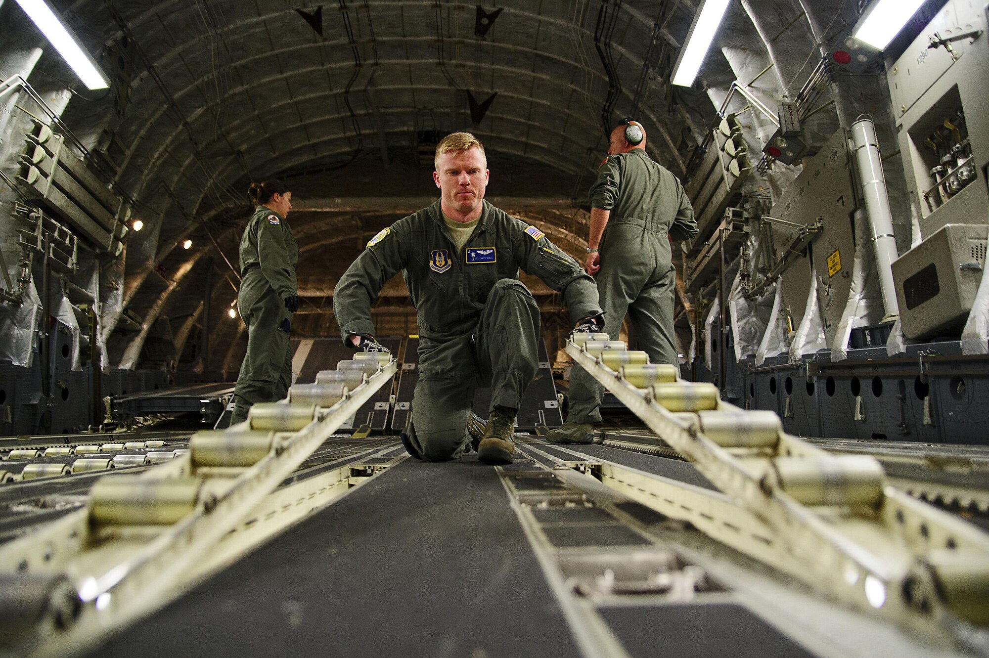 Members of the 315th Aeromedical Evacuation Squadron conduct training operations with support from Civil Air Patrol volunteers onboard a C-17 Globemaster III, assigned to the 300th Airlift Squadron, near Joint Base Charleston, S.C. May 18, 2016. The squadrons conducted the training to enhance their ability to receive, regulate, transport and track patients to and from Natural Disaster Medical System hospitals near Greenville-Spartanburg International Airport.(U.S. Air Force photo by Senior Airman Jonathan Lane)
