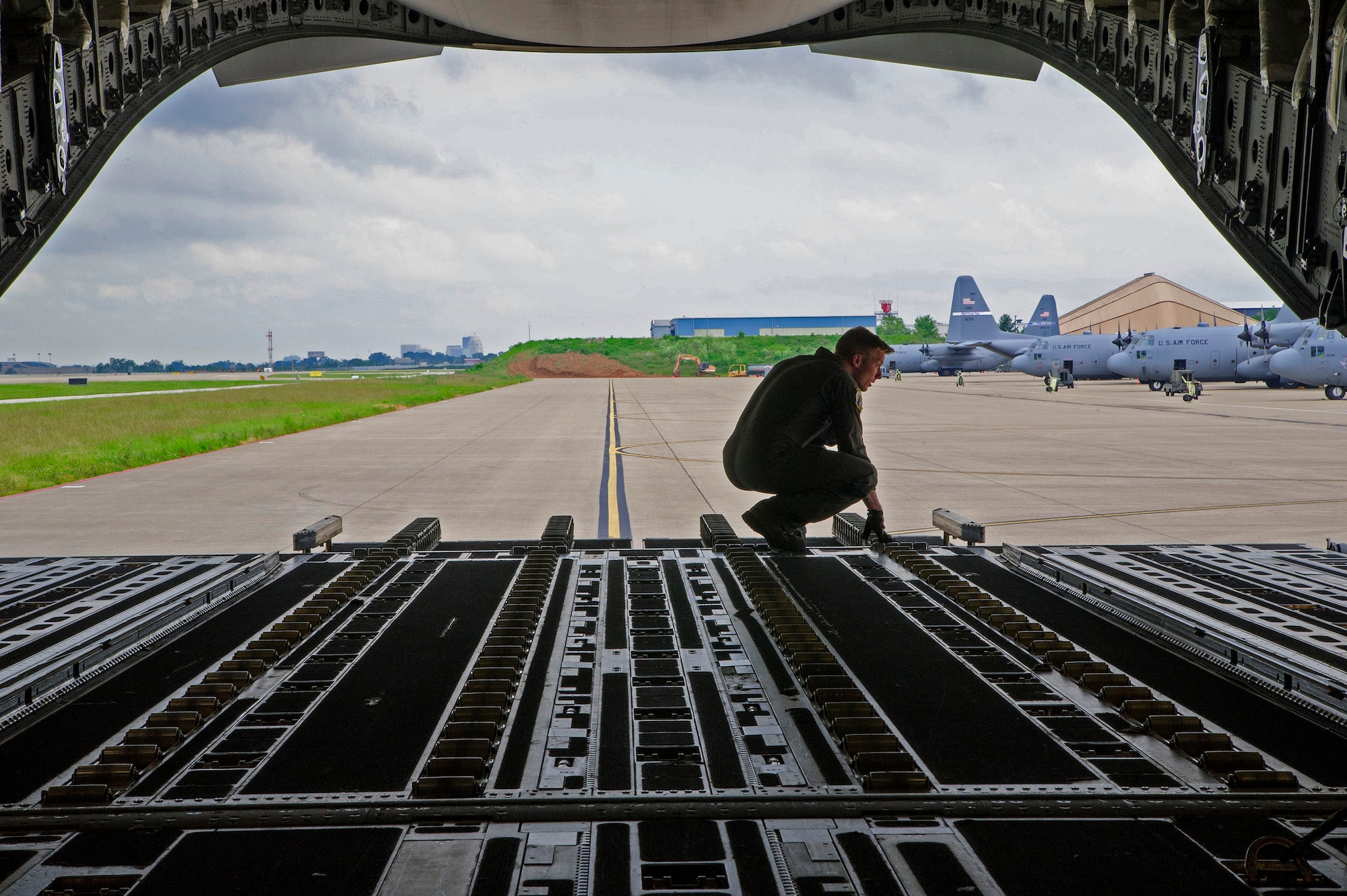 Members of the 315th Aeromedical Evacuation Squadron conduct training operations with support from Civil Air Patrol volunteers onboard a C-17 Globemaster III, assigned to the 300th Airlift Squadron, near Joint Base Charleston, S.C. May 18, 2016. The squadrons conducted the training to enhance their ability to receive, regulate, transport and track patients to and from Natural Disaster Medical System hospitals near Greenville-Spartanburg International Airport.(U.S. Air Force photo by Senior Airman Jonathan Lane/Released)