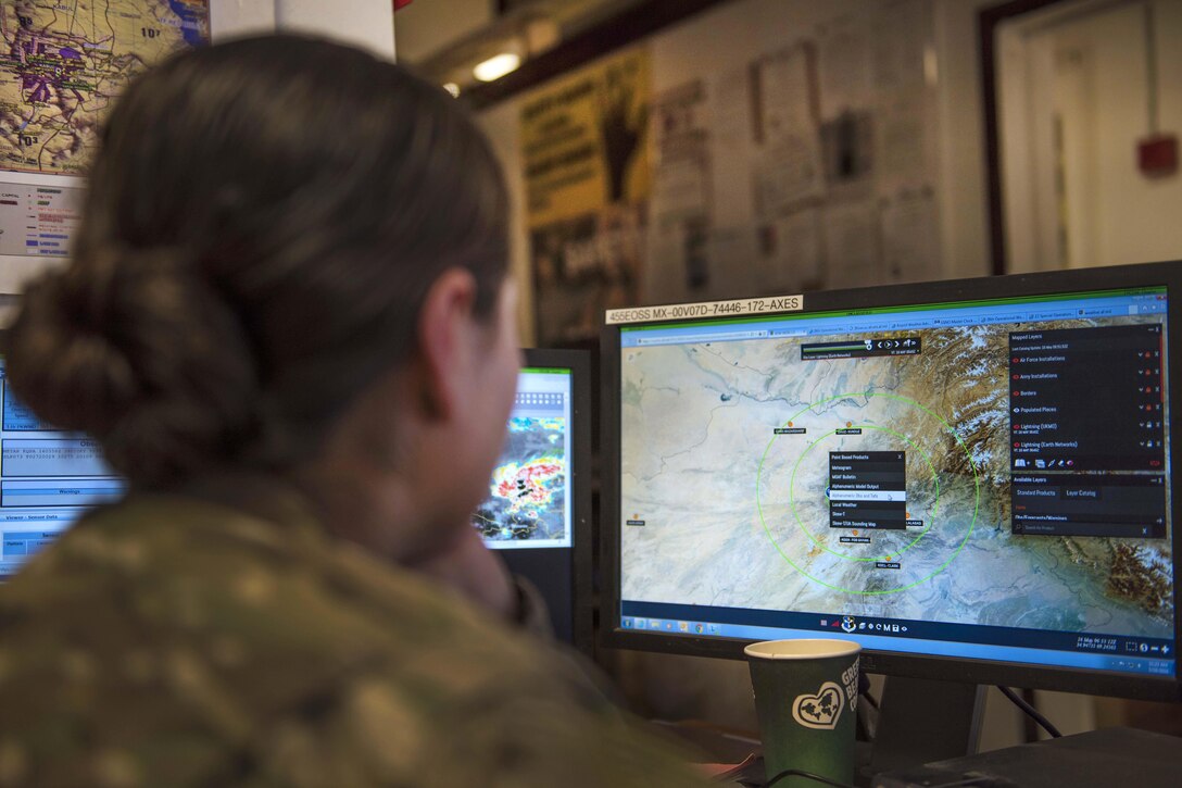 Air Force Staff Sgt. Jennifer Palacios looks at a satellite reading on a monitor at Bagram Airfield, Afghanistan, May 16, 2016. Palacios is a weather forecaster assigned to the 455th Expeditionary Operations Support Squadron. Air Force photo by Senior Airman Justyn M. Freeman