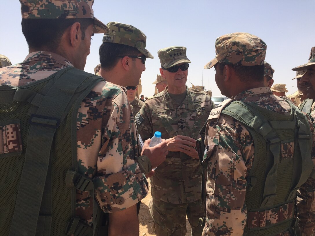As part of his trip this week to the Middle East, Army Gen. Joseph L. Votel, commander of U.S. Central Command, visited the site of exercise Eager Lion 2016 in Zarqa, Jordan, Centcom’s largest military exercise in its area of responsibility. Here, Votel greets service members participating in the exercise on the seventh day of this year’s bilateral May 15-24 exercise with the Jordanian armed forces. DoD photo by Cheryl Pellerin