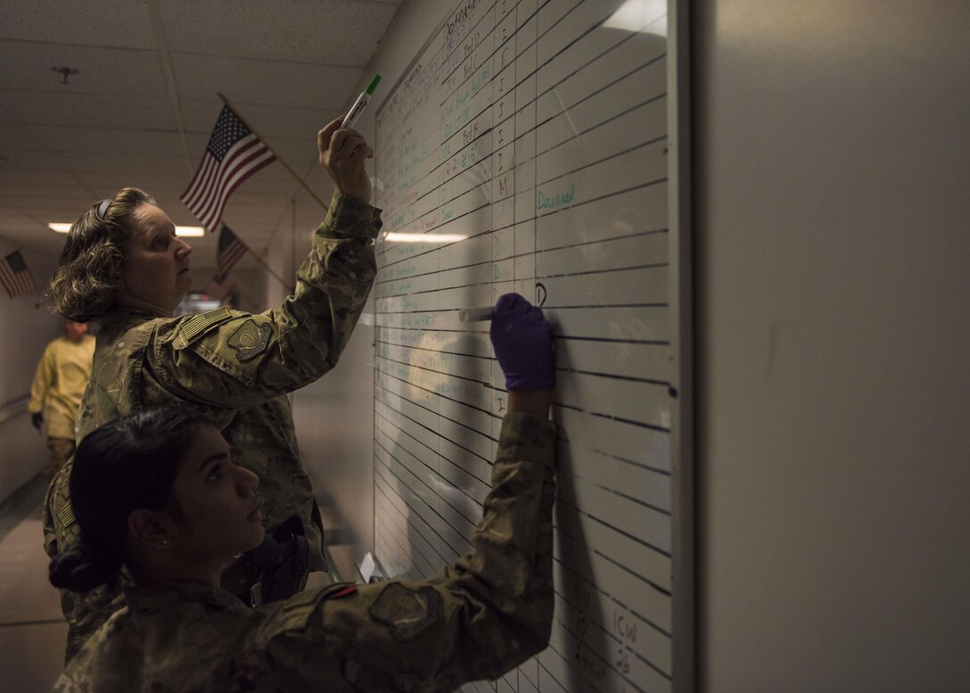 Members of the 455th Expeditionary Medical Group keep tabs on simulated patients entering Craig Joint-Theater Hospital at Bagram Airfield, Afghanistan, May 21, 2016. This exercise was conducted to test the medical readiness and skills of the squadron during an emergency to sharpen operational readiness. (U.S. Air Force photo by Senior Airman Justyn M. Freeman)