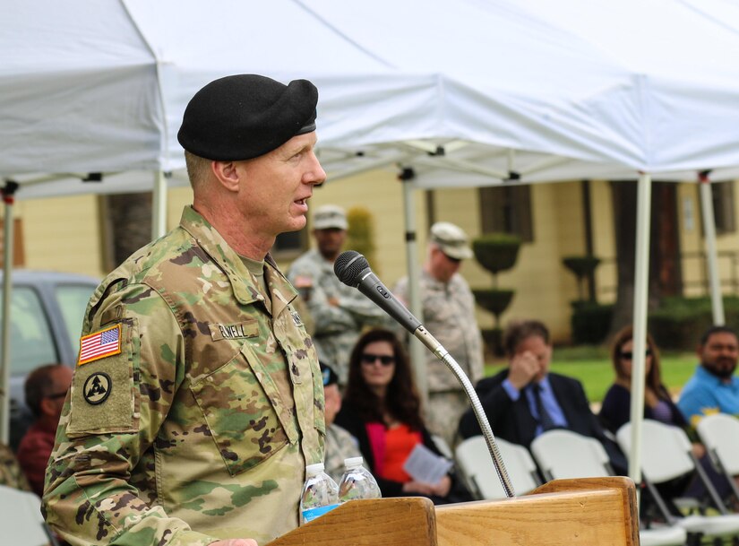 Brig. Gen. David Elwell, Commanding General, 311th Sustainment Command (Expeditionary), addresses the Soldiers and Families during the 304th Sustainment Brigade's Change of Command Ceremony, March Air Reserve Base, Riverside, Calif., May 15, 2016. (Photo courtesy of Staff Sgt. Ailid Beckstrom, 304th SB)