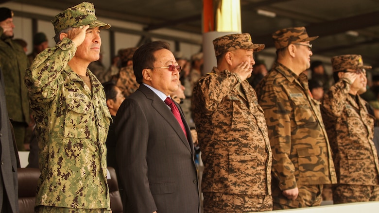 Multinational participants salute distinguished visitors and the president of Mongolia Tsakhiagiin Elbegdorj, during the opening ceremony of Khaan Quest 2016. Khaan Quest 2016 is an annual multinational peacekeeping operations exercise conducted in Mongolia and is the capstone exercise for the Global Peace Operations Initiative. 