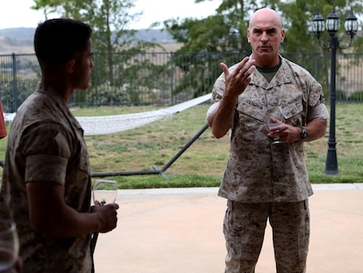 U.S. Marine Brig. Gen. David A. Ottignon speaks with meritoriously promoted sergeants from 1st Marine Logistics Group about leadership and the new role they will have as sergeants of Marines during a lunch he hosted for them aboard Camp Pendleton, Calif., May 17, 2016. Ottignon is the commanding general of 1st MLG. During the gathering the Marines had an opportunity to speak with their most senior leaders, to include the MLG commanding general, sergeant major, and command master chief. The four Marines promoted were Sgt. Olivia Berry, a combat engineer with Combat Logistics Battalion 5, Sgt. Lucas Ferreira, a combat engineer with 7th Engineer Support Battalion, Sgt. Jose Gaytan, an engineer equipment mechanic from Combat Logistics Battalion 11, and Sgt. Hector RiveraGuzman, a warehouse clerk with 1st Supply Battalion. (U.S. Marine Corps photo by Sgt. Carson Gramley/released)
