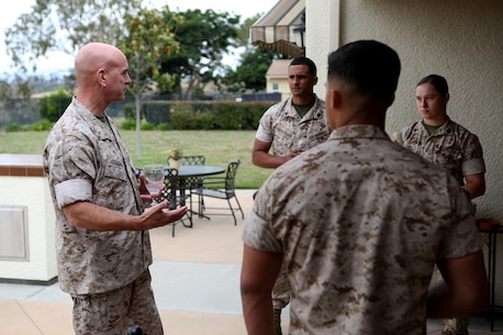 U.S. Marine Brig. Gen. David A. Ottignon speaks with meritoriously promoted sergeants from 1st Marine Logistics Group about leadership and the new role they will have as sergeants of Marines during a lunch he hosted for them aboard Camp Pendleton, Calif., May 17, 2016. Ottignon is the commanding general of 1st MLG. During the gathering the Marines had an opportunity to speak with their most senior leaders, to include the MLG commanding general, sergeant major, and command master chief. The four Marines promoted were Sgt. Olivia Berry, a combat engineer with Combat Logistics Battalion 5, Sgt. Lucas Ferreira, a combat engineer with 7th Engineer Support Battalion, Sgt. Jose Gaytan, an engineer equipment mechanic from Combat Logistics Battalion 11, and Sgt. Hector RiveraGuzman, a warehouse clerk with 1st Supply Battalion. (U.S. Marine Corps photo by Sgt. Carson Gramley/released)