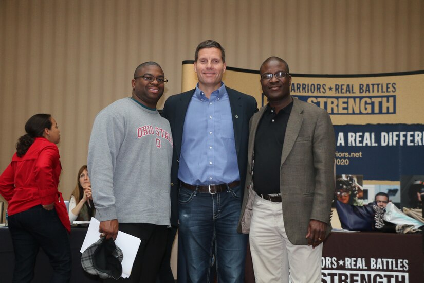 Army Reserve Chaplains, Capt. Ahmad Williams (left), Maj. Doug W. Hedrick (center) and Capt. Richard Addo (right), during the yellow ribbon reintegration program event at the Tyson’s Corner, Va. Sheraton Hotel, May 6-8, 2016. The event came prior to deployment of the Army Reserve Soldiers of the 313th Movement Control Battalion, headquartered in Baltimore, Md., and was designed to prepare airmen and their spouses for stresses and possible needs that can arise during a deployment.