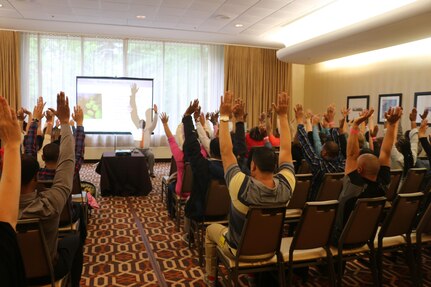 A member of the Yellow Ribbon Reintegration Program staff instructs Soldiers and Family members of the 313th Movement Control Battalion, headquartered in Baltimore, Md., during the yellow ribbon reintegration program event at the Tyson’s Corner, Va. Sheraton Hotel, May 6-8, 2016. The event came prior to deployment of the Army Reserve Soldiers of the 313th Movement Control Battalion, and was designed to prepare airmen and their spouses for stresses and possible needs that can arise during a deployment.