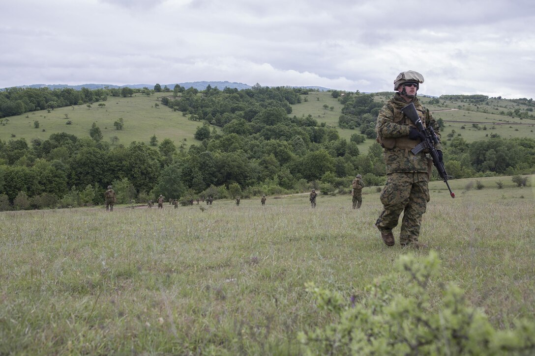 Reserve Marines with 4th Law Enforcement Battalion, Force Headquarters Group, Marine Forces Reserve, patrol the Serbian countryside during exercise Platinum Wolf 2016 at Peacekeeping Operations Training Center South Base, Bujanovac, Serbia, May 16, 2016. The Marines are working with the partner nations of Bosnia, Bulgaria, Macedonia, Montenegro, Slovenia and Serbia to share new ideas, build interoperability, and master peacekeeping operations.
