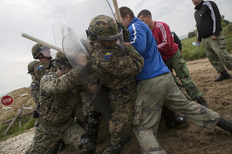 Soldiers with 1st Battalion, 6th Infantry Brigade, Armed Forces of Bosnia, demonstrate riot control techniques during exercise Platinum Wolf 2016 at Peacekeeping Operations Training Center South Base, Bujanovac, Serbia, May 20, 2016. The soldiers are working with the partner nations of Bulgaria, Macedonia, Montenegro, Slovenia, Serbia and the United States during the final field exercise where they master patrols, military operation urban terrain training, and build their interoperability.