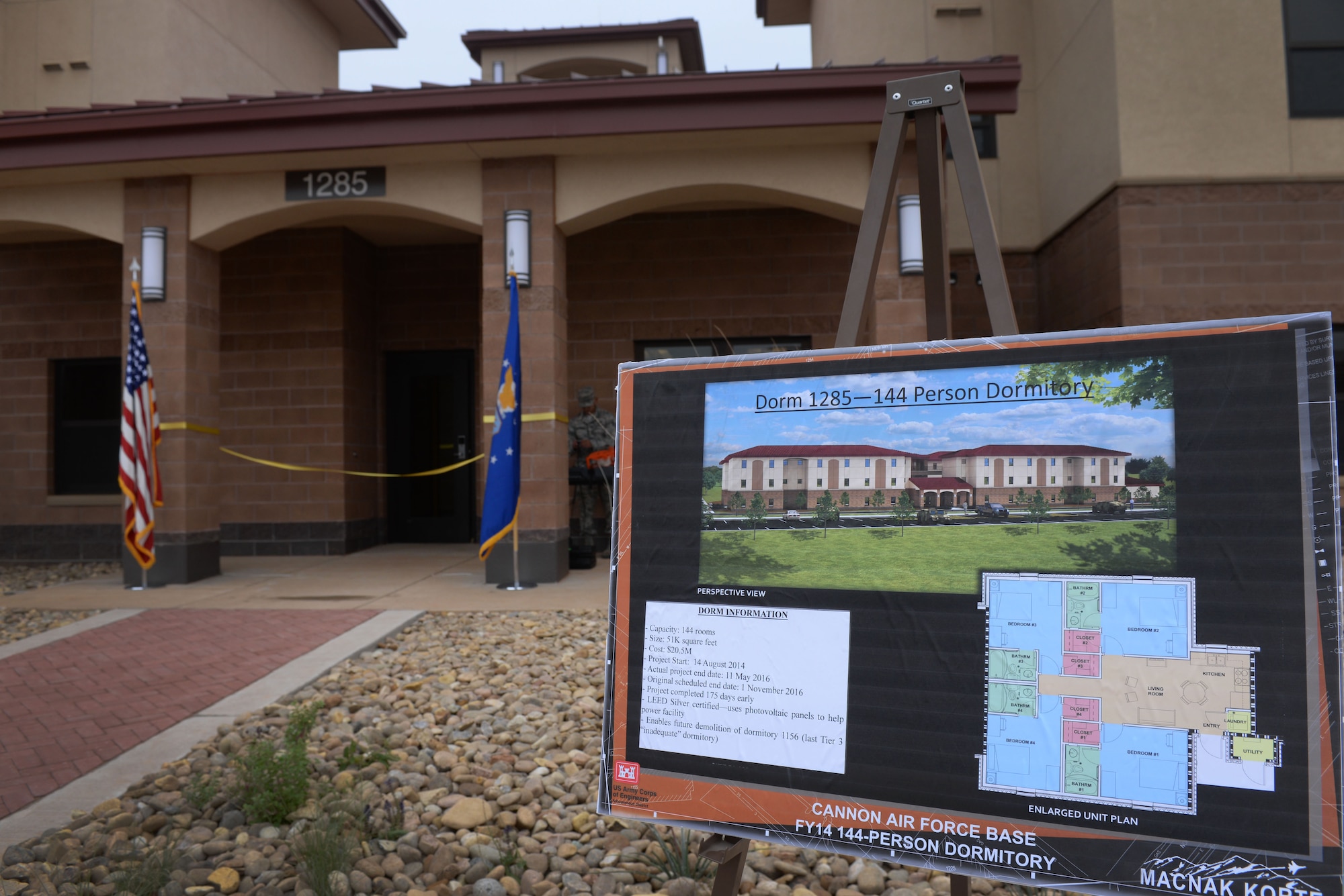 After months of diligent construction efforts, the 27th Special Operations Wing officially cut the ribbon on its newest dormitory facility during a ceremony May 18, 2016, at Cannon Air Force Base, N.M. With the number of unaccompanied Airmen assigned to Cannon still rising, the need for adequate facilities such as this are still high in demand to continuously improve the quality of life for dorm residents. (U.S. Air Force photo/Staff Sgt. Alexx Pons)