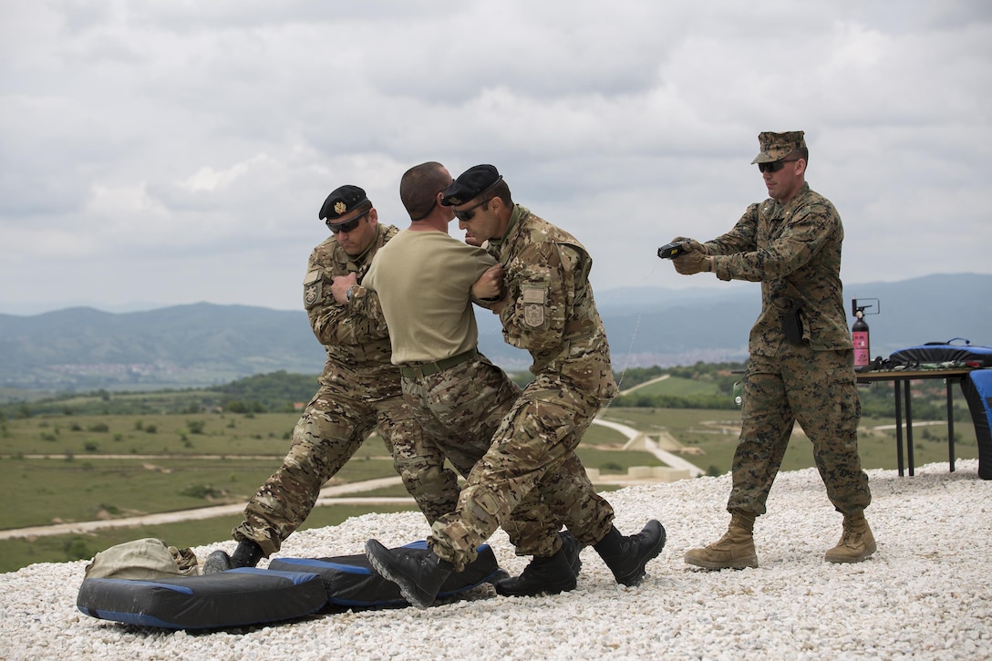1st Lt. Jonathan Stinson, (far right) platoon commander with Company Delta, 4th Law Enforcement Battalion, Force Headquarters Group, Marine Forces Reserve, demonstrates the use of a Taser during Distinguished Visitors Day of exercise Platinum Wolf 2016 at Peacekeeping Operations Training Center South Base, Bujanovac, Serbia, May 20, 2016. The nations of Bosnia, Bulgaria, Macedonia, Montenegro, Slovenia, Serbia and the United States join together during the final field exercises to demonstrate their abilities to conduct peacekeeping operations and the ability to work together.