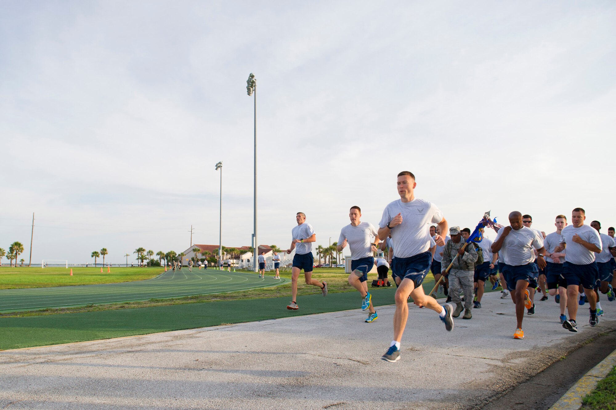 Members of the 45th Space Wing participated in a Quarterly Wing Run lead by the 45th Security Forces Squadron, as part of National Police Week. Participants had three options for this unique Wing Run. Options included: a 5K run in Air Force physical training gear, a 2-Mile Ruck March in ABUs with ruck weight, or a 5K Ruck March in ABUs. (U.S. Air Force photos/Matthew Jurgens/Released)