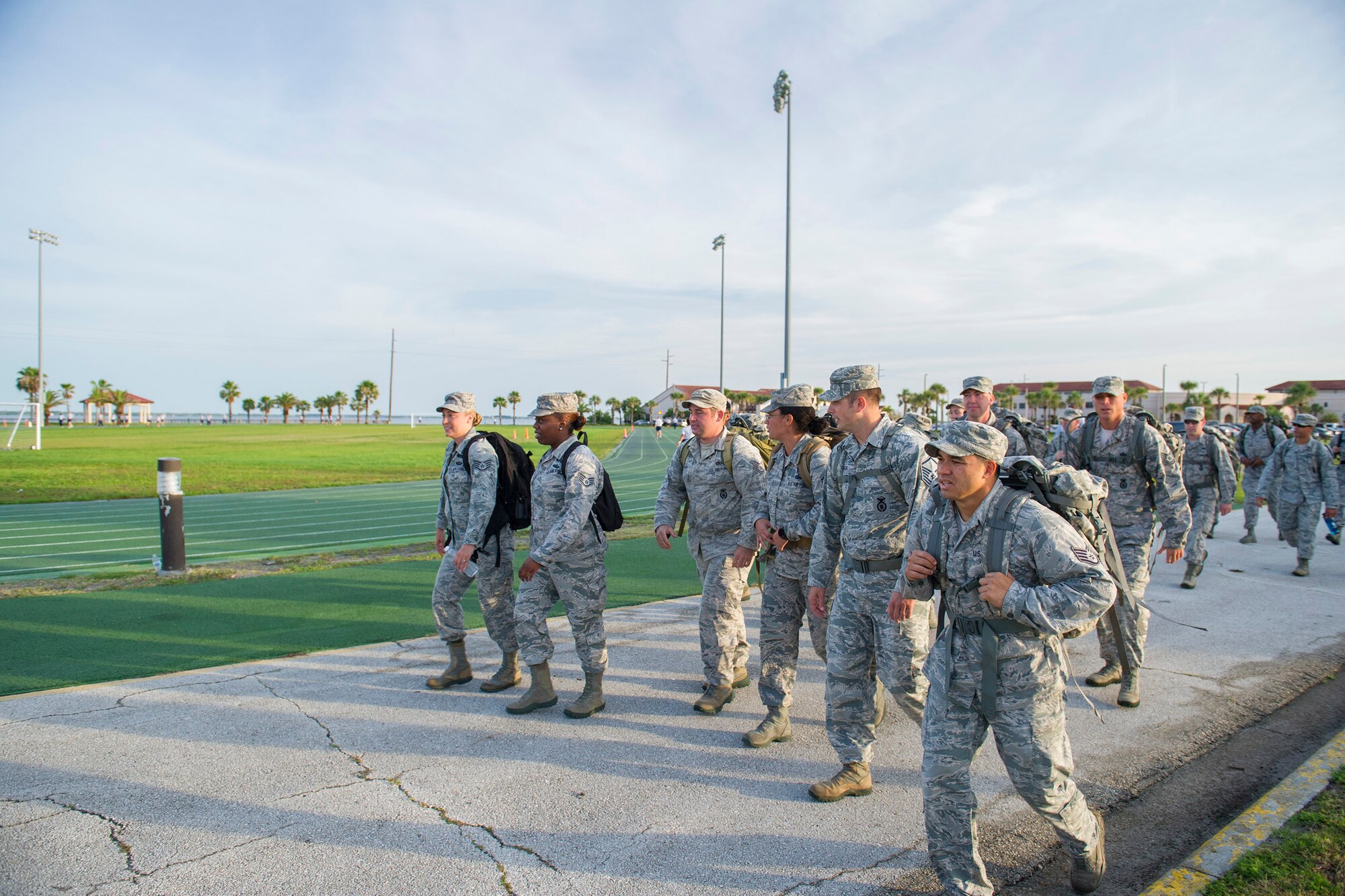 Members of the 45th Space Wing participated in a Quarterly Wing Run lead by the 45th Security Forces Squadron, as part of National Police Week. Participants had three options for this unique Wing Run. Options included: a 5K run in Air Force physical training gear, a 2-Mile Ruck March in ABUs with ruck weight, or a 5K Ruck March in ABUs. (U.S. Air Force photos/Matthew Jurgens/Released)