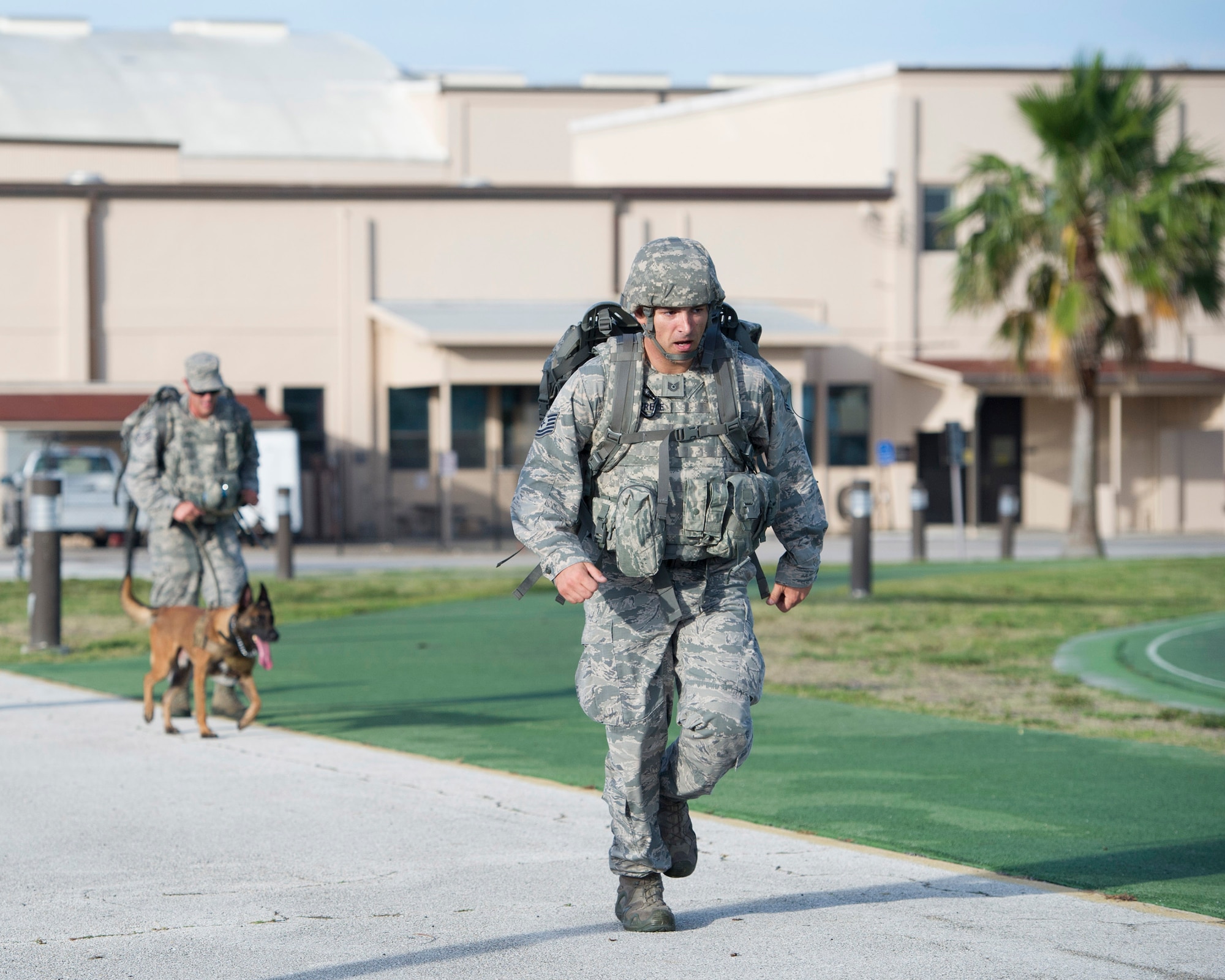 Members of the 45th Space Wing participated in a Quarterly Wing Run lead by the 45th Security Forces Squadron, as part of National Police Week. Participants had three options for this unique Wing Run. Options included: a 5K run in Air Force physical training gear, a 2-Mile Ruck March in ABUs with ruck weight, or a 5K Ruck March in ABUs. (U.S. Air Force photos/Matthew Jurgens/Released)