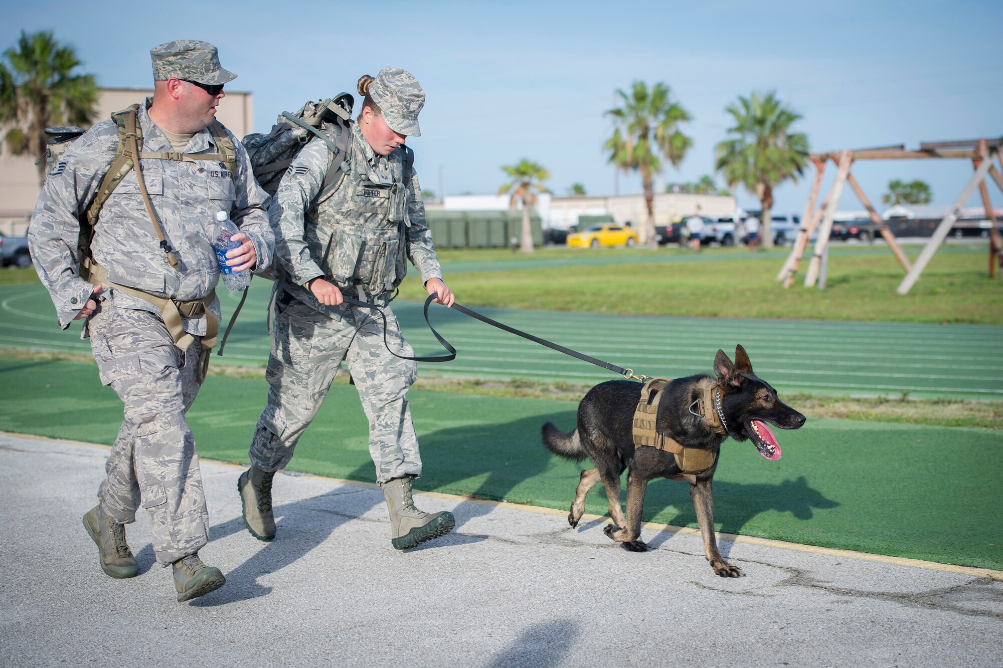 Members of the 45th Space Wing participated in a Quarterly Wing Run lead by the 45th Security Forces Squadron, as part of National Police Week. Participants had three options for this unique Wing Run. Options included: a 5K run in Air Force physical training gear, a 2-Mile Ruck March in ABUs with ruck weight, or a 5K Ruck March in ABUs. (U.S. Air Force photos/Matthew Jurgens/Released)