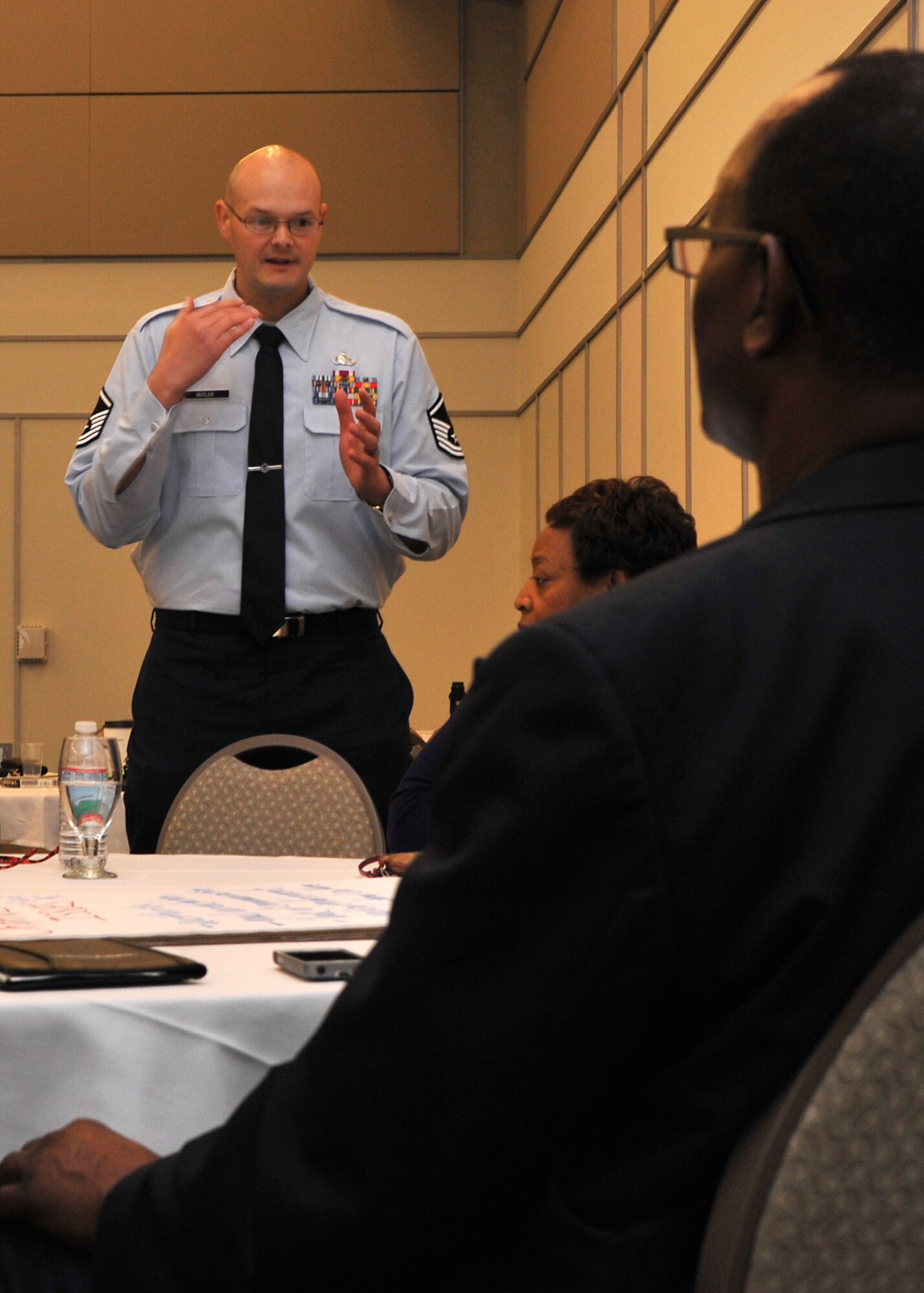 Master Sgt. Jonathan Butler, Air Force Installation and Mission Support Center Detachment 10 logistics plans functional manager, explains a concept to attendees of the Southern Association of School Business Officials convention in Shreveport, La., April 14. The Barksdale Total Force Development Council's "SWOT's it like to fly above the rest" seminar presented topics such as how to deal with toxic leadership and combat careerism, as well as the merits of the Strengths, Weaknesses, Opportunities and Threats decision matrix. (U.S. Air Force photo/Senior Airman Joseph Raatz)