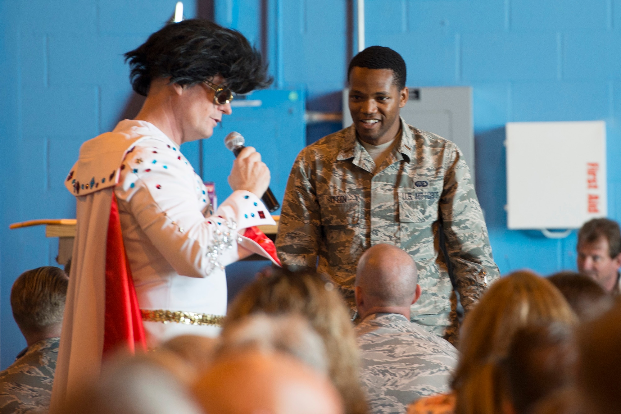 Personnel from the 45th Mission Support group participate in a game show themed trivia competition during their group’s Commander’s Call April 20, 2016 at Cape Canaveral Air Force Station. , Fla. The group's objective was to gather together in a location where the 45th Space Wing's launch operations happen to get up close and personal with the mission and history of the wing in an interactive, informative way. The 45th MSG's five squadrons provide total customer support for the world's busiest spaceport, assuring success of launch, range and expeditionary operations. Also, the 45th MSG Det. 1 is responsible for the day-to-day operations CCAFS. (U.S. Air Force photo by Matthew Jurgens/Released) 