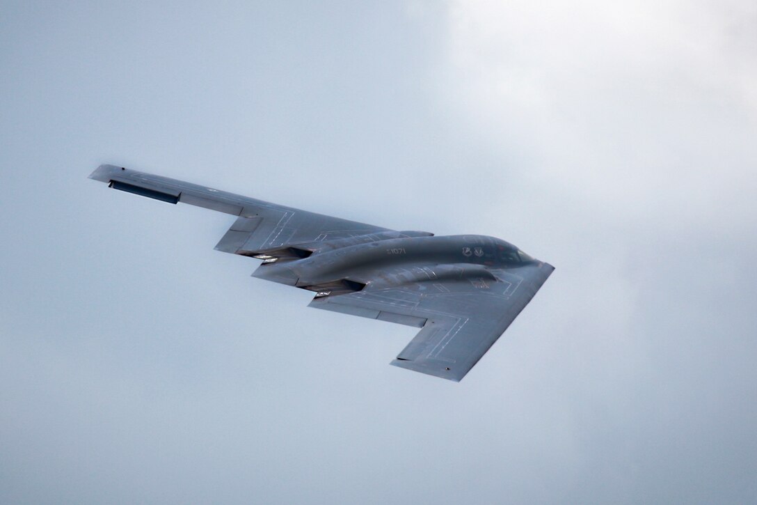 An Air Force B-2 Spirit stealth bomber flies over the crowd during the Power in the Pines Open House and Air Show at Joint Base McGuire-Dix-Lakehurst, N.J., May 14, 2016. Air National Guard photo by Tech. Sgt. Matt Hecht