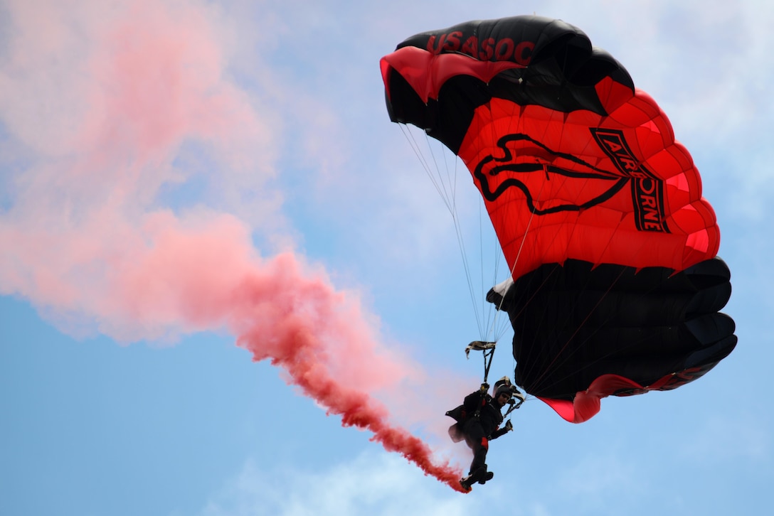 A member of the Black Daggers, the U.S. Army Special Operations Command's parachute demonstration team, performs an aerial maneuver during the Shaw Air Expo and open house at Shaw Air Force Base, S.C., May 21, 2016. Air Force photo by Airman 1st Class Kelsey Tucker