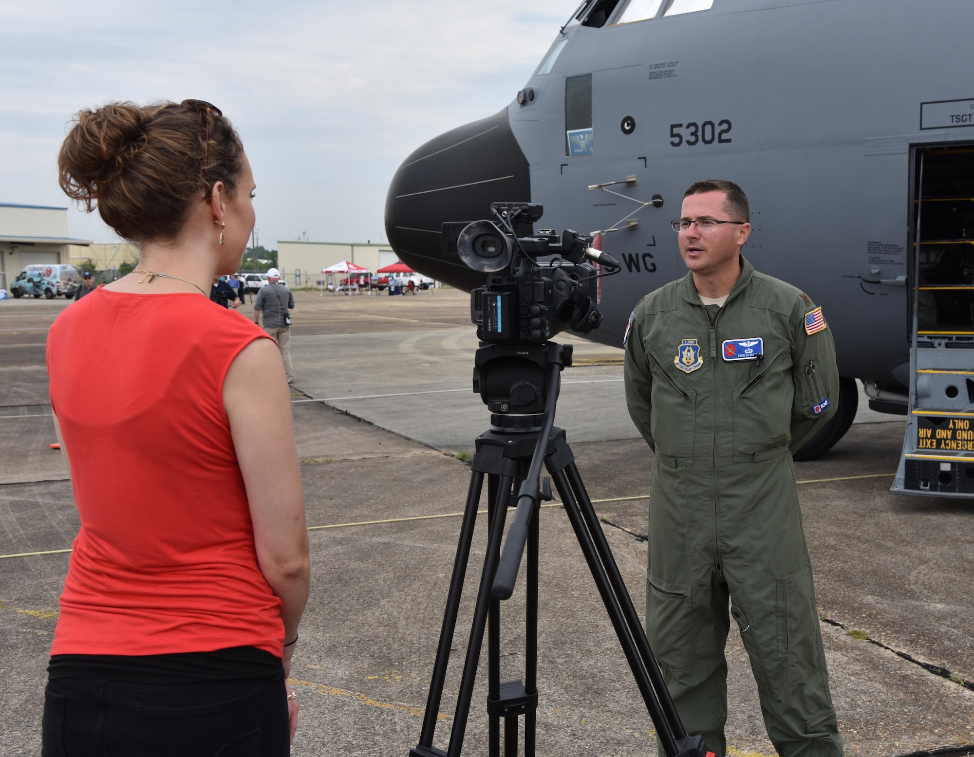 Maj. Douglas Gautrau, 53rd Weather Reconnaissance Squadron weather officer, is interviewed by Mobile, Alabama, media May 19, 2016, during the Gulf Coast Hurricane Awareness Tour. The HAT, which stopped in San Antonio and Galveston, Texas, New Orleans, Mobile, Alabama, and Naples, Florida, May 16-20, 2016, is a joint effort between NOAA's National Weather Service and National Hurricane Center and the 403rd Wing's 53rd WRS to promote awareness about the destructive forces of hurricanes and how people can prepare. (U.S. Air Force photo/Maj. Marnee A.C. Losurdo)