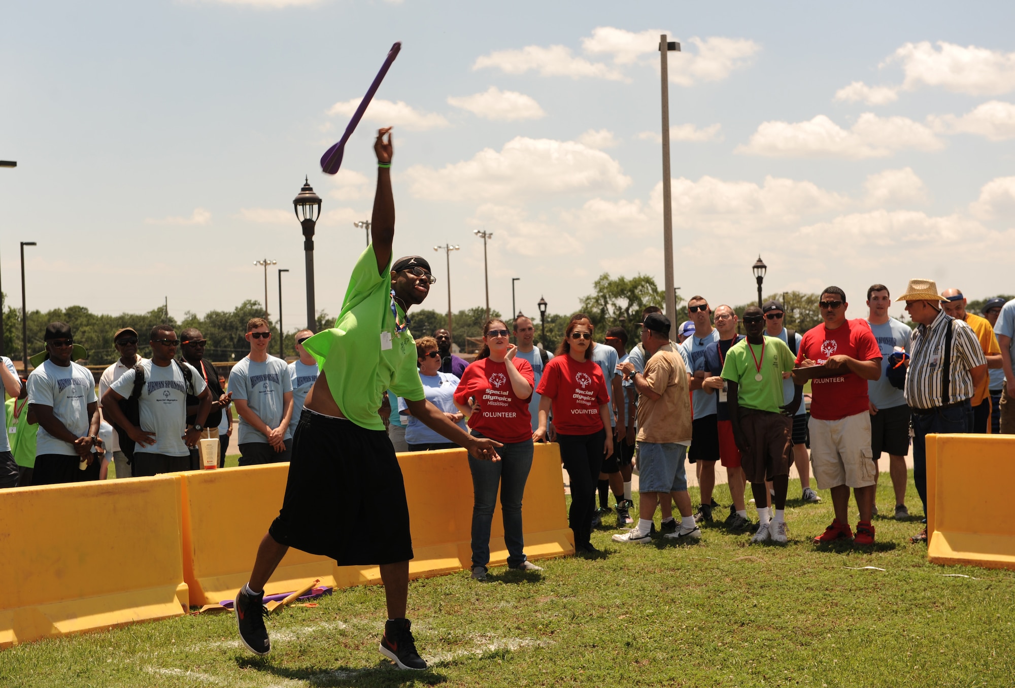 Stewart Stevens, Special Olympics athlete, throws a mini javelin during the Special Olympics Mississippi Summer Games at the triangle track May 21, 2016, Keesler Air Force Base, Miss. More than 700 athletes and 3,000 volunteers worked together to hold competitions throughout the day. This is the 30th year Keesler has hosted the state Special Olympics.  (U.S. Air Force photo by Kemberly Groue)