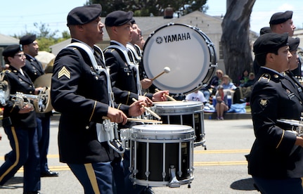 Drummers from the 300th Army Band from Bell, Calif., marches down Torrance Boulevard in Torrance, Calif., May 21, 2016, during the Torrance Armed Forces Day Parade. The parade is longest running of its kind; 2016 marking its 57th year. The band is a 40-member instrumental ensamble and Southern California's only Army Reserve band. (U.S. Army Photo by Sgt. Thomas X. Crough, 201st Press Camp Headquarters).