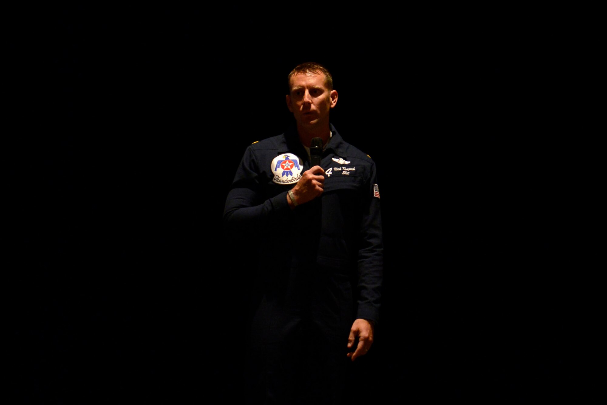 U.S. Air Force Maj. Nick Krajicek, U.S. Air Force Demonstration Squadron pilot, talks to students during a school visit at Crestwood High School, Sumter, S.C., May 20, 2016. Krajicek discussed his career and his journey to becoming a Thunderbirds pilot to the audience. 