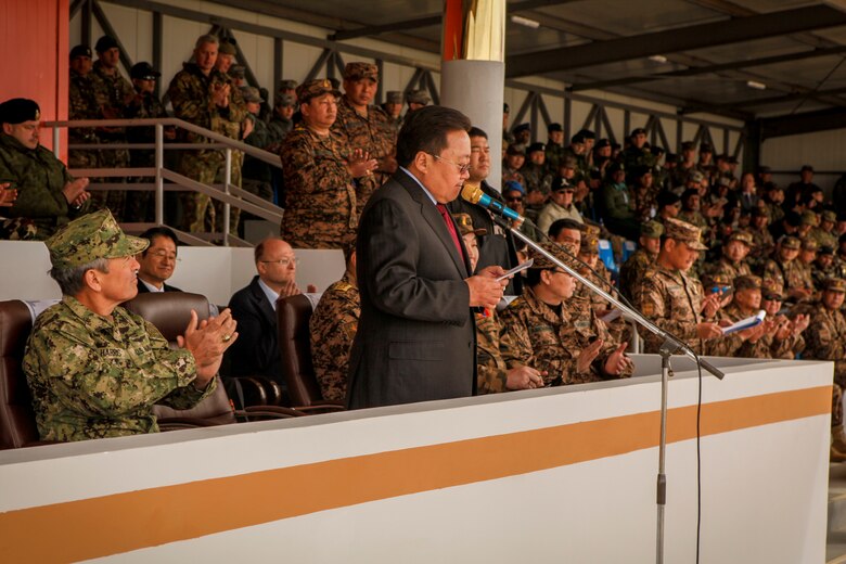 Mongolian President Tsakhiagiin Elbegdorj, speaks at the Khaan Quest 2016 opening ceremony at the Five Hills Training Area, Mongolia, May 22, 2016. Khaan Quest is an annual, multinational peacekeeping operations exercise conducted in Mongolia and is the capstone exercise for this year's United Nations Global Peace Operations Initiative program. 