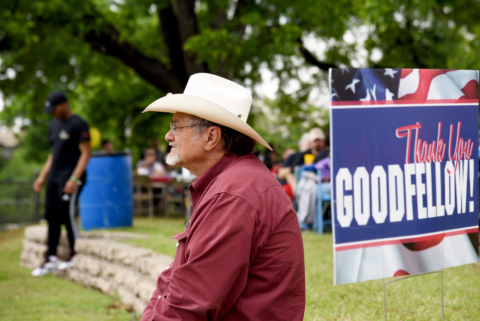 Dwain Morrison, San Angelo mayor, listens to the U.S. Air Force Band of the West, Sky Country, during Goodfellow Appreciation Day at the RiverStage in San Angelo, Texas, May 21, 2016. Sky Country covered various songs throughout the day to entertain event attendees and volunteers for the San Angelo Chamber of Commerce hosted Armed Forces Day celebration. (U.S. Air Force photo by Senior Airman Joshua Edwards/Released)