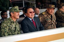 U.S. Navy Adm. Harry B. Harris, commander, U.S. Pacific Command, and Mongolian President Tsakhiagiin Elbegdorj, speak before the Khaan Quest 2016 opening ceremony at the Five Hills Training Area, Mongolia, May 22, 2016. Khaan Quest is an annual, multinational peacekeeping operations exercise conducted in Mongolia and is the capstone exercise for this year's United Nations Global Peace Operations Initiative program. 