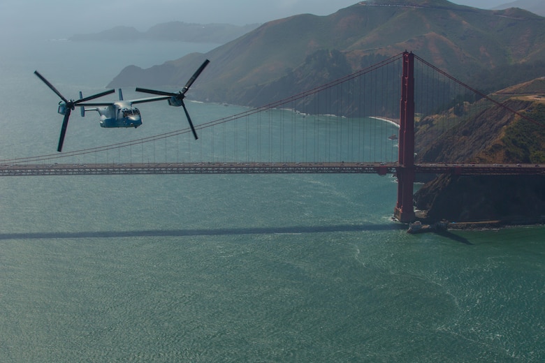 Marines with Marine Medium Tiltrotor Squadron (VMM) 161 “Greyhawks,” fly over the Golden Gate Bridge in San Francisco, May 19. Lt. Col. Andreas Lavato, commanding officer of VMM-161, conducted his last flight with the squadron prior to his change of command on May 26. (U.S. Marine Corps photo by Sgt. Lillian Stephens/Released)