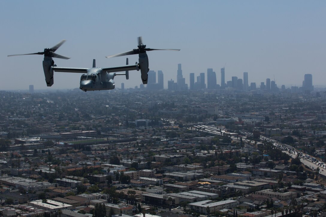 Marines with Marine Medium Tiltrotor Squadron (VMM) 161 “Greyhawks,” fly over Los Angeles, May 19. Lt. Col. Andreas Lavato, commanding officer of VMM-161, conducted his last flight with the squadron prior to his change of command May 26. (U.S. Marine Corps photo by Sgt. Lillian Stephens/Released)