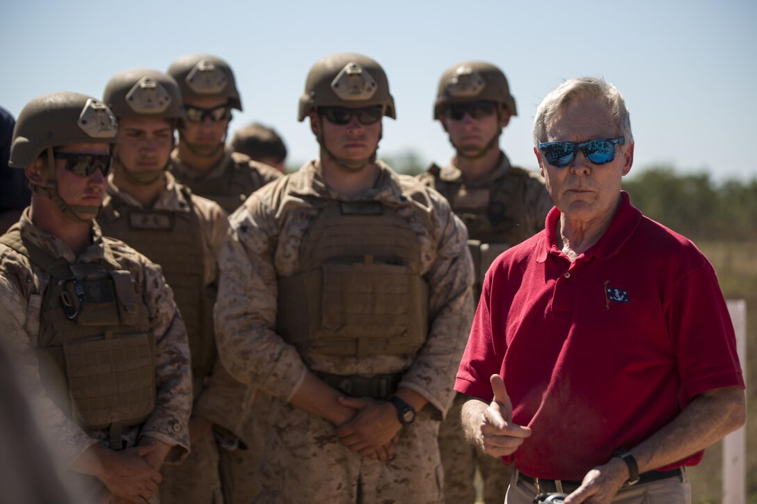 Ray Mabus, Secretary of the Navy, talks to Marines with the Scout Sniper Platoon at Mount Bundey Training Area, Northern Territory, Australia, May 14, 2016. “The greatest honor of my life is leading the Navy and the Marine Corps, Semper Fi Marines,” Mabus said. He came to Australia to visit the Marines and Sailors of Marine Rotational Force – Darwin and observe live-fire ranges. The Marines are with 1st Battalion, 1st Marine Regiment, MRF-D.