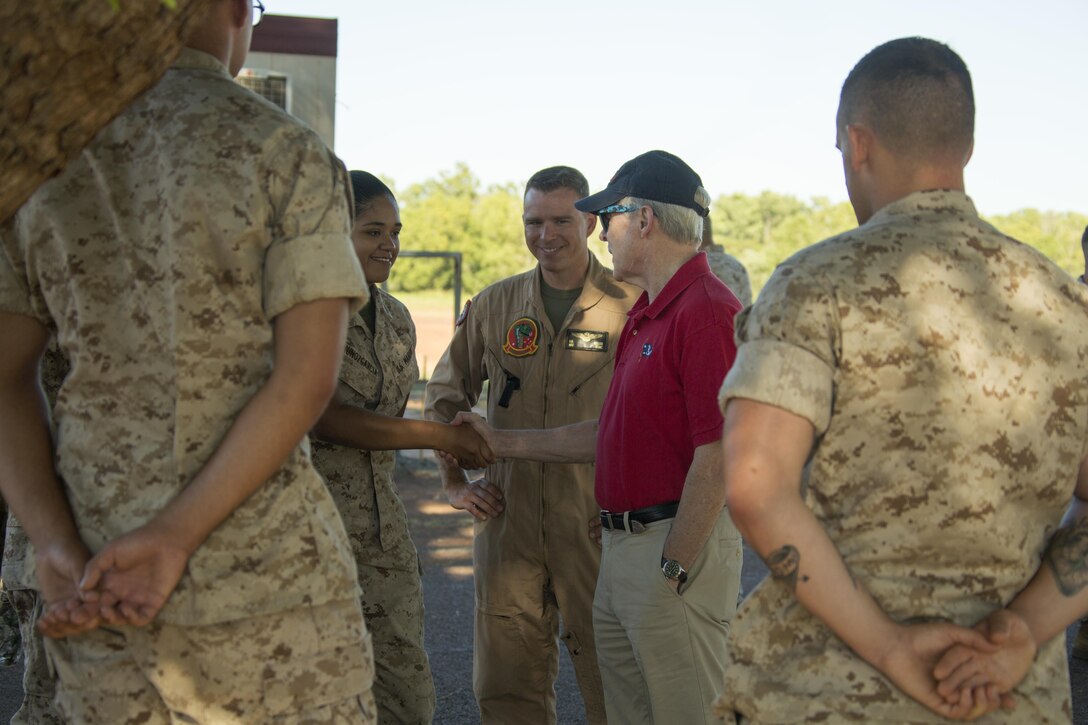 Ray Mabus, Secretary of the Navy, greets Marines of Marine Rotational Force – Darwin’s Aviation Combat Element at Royal Australian Air Force Base Darwin, Northern Territory, Australia, May 14, 2016. Mabus came to Darwin to visit the Marines and Sailors of MRF-D and observe live-fire ranges.