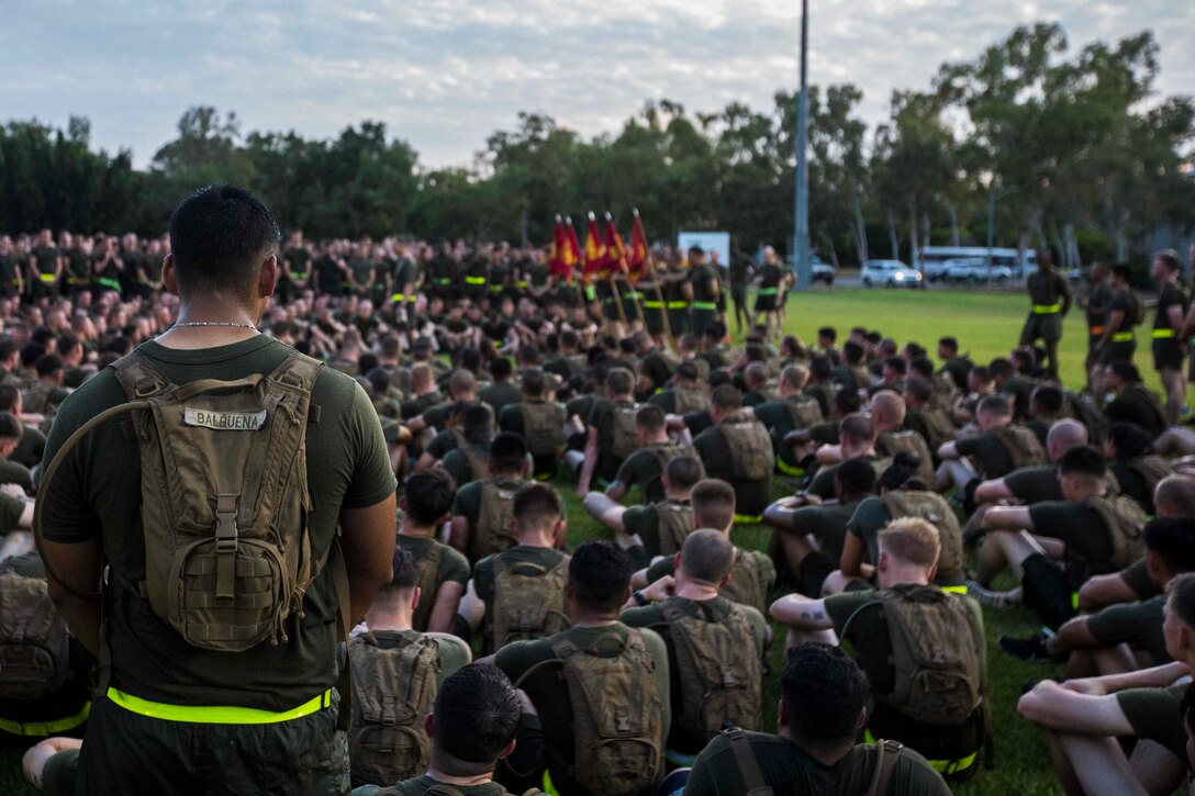U.S. Marine Corps Sgt. Maj. Stuart D. Glass, Sergeant Major 1st Battalion, 1st Marine Regiment, gives a brief to the Marines before a formation run on Robertson Barracks, Darwin, Australia, April 29, 2016. Running together helps Marines acclimatize to the hot and humid Australian environment during Marine Rotational Force - Darwin (MRF-D). MRF-D is a six-month deployment of Marines into Darwin, Australia, where they will conduct exercises and train with the Australian Defence Forces, strengthening the U.S.-Australia alliance.