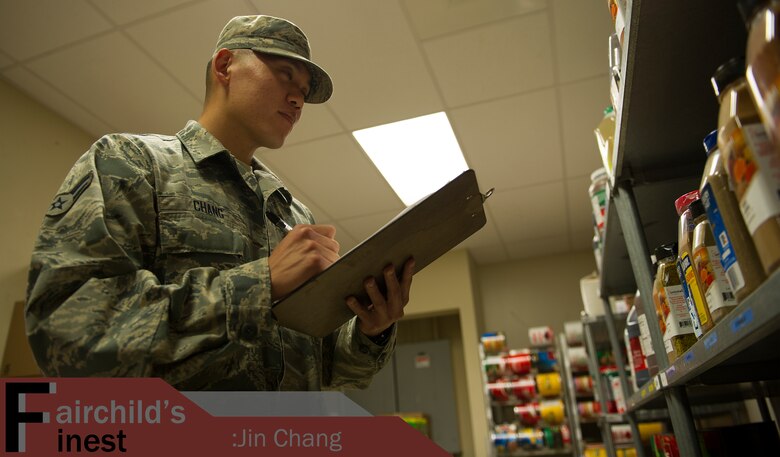 Airman 1st Class Jin Chang, 92nd force Support Squadron storeroom technician, checks the Warrior Dining Facility storeroom inventory May 16, 2016, at Fairchild Air Force Base, Wash. Chang is responsible for the ordering and receiving of all food products as well as ensuring the quality of the items. His leadership selected him as one of Fairchild’s Finest, a weekly recognition program that highlights top-performing Airmen. (U.S. Air Force photo/Airman 1st Class Sean Campbell)