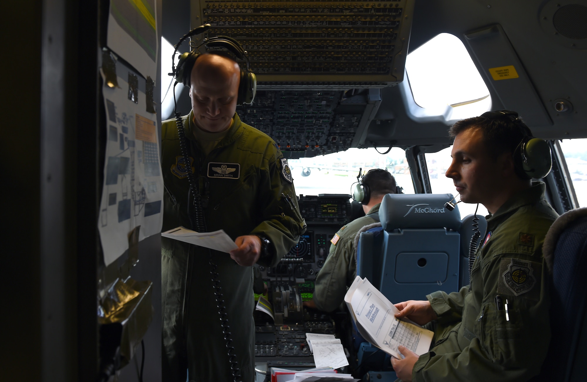 Lt. Col. Brian Smith (left), 62nd Operation Group Deputy Commander, and Maj. Sean McConville, 62nd Airlift Wing tactics officer, prepare for their departure from Joint Base Lewis-McChord, Wash., to the Mountain Home Range Complex, Idaho on May 17, 2016.   The Mcchord tails teamed up with F-15 Strike Eagles from the 389th Fighter Squadron at Mountain Home Air Force Base to simulate operating in a hostile environment. (U.S. Air Force photo/Staff Sgt. Naomi Shipley)