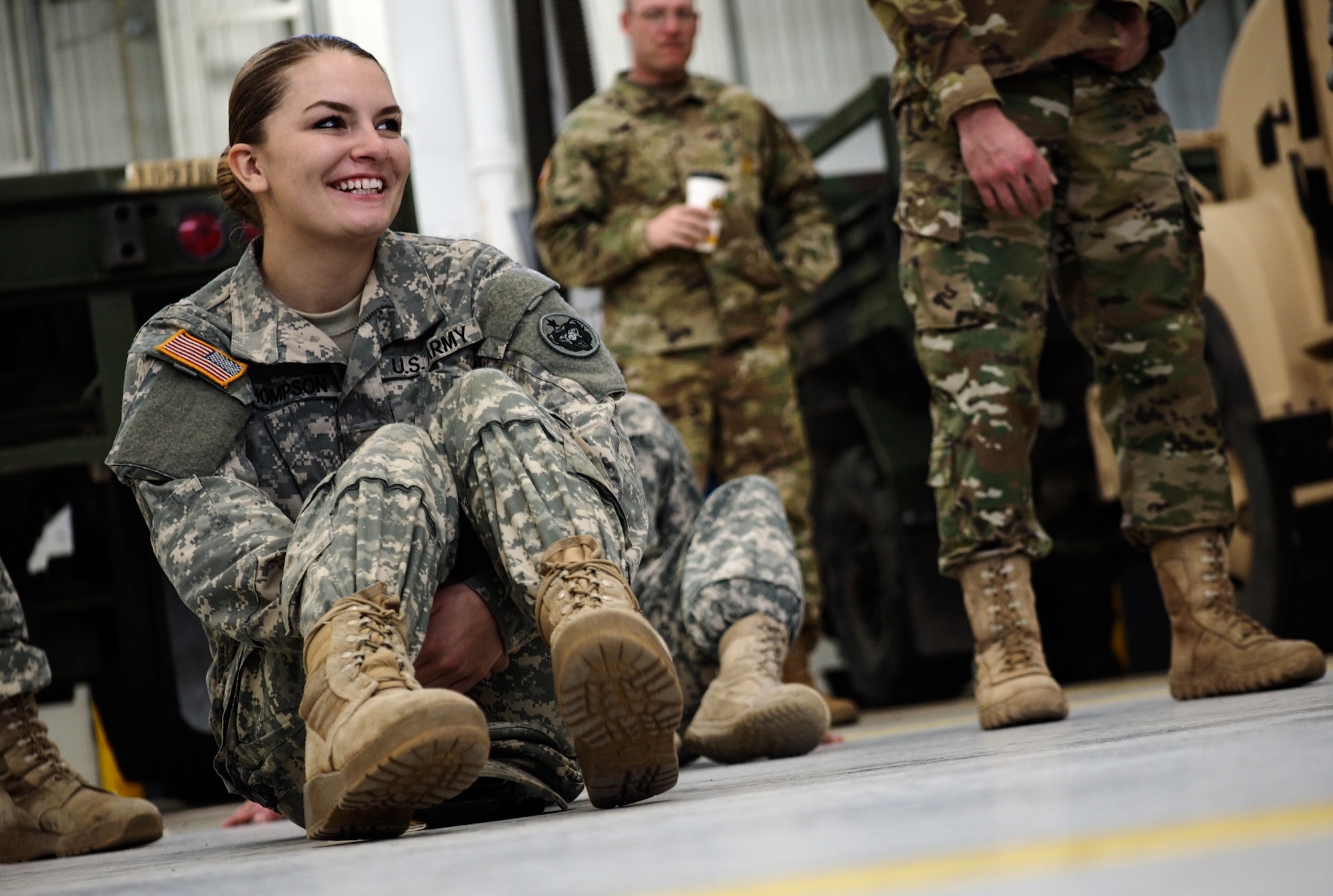 Army Pvt. Brooke Thompson, a native of Kane, Penn., assigned to the 17th Combat Sustainment Support Battalion, U.S. Army Alaska, listens to a fire safety briefing during a unit Safety Stand-Down Day, Friday, May 13, 2016. The Soldiers were trained at different stations in fire prevention, personal weapons safety, outdoor recreation safety, family and personal health, and Driving Under the Influence prevention. (U.S. Air Force photo/Justin Connaher)