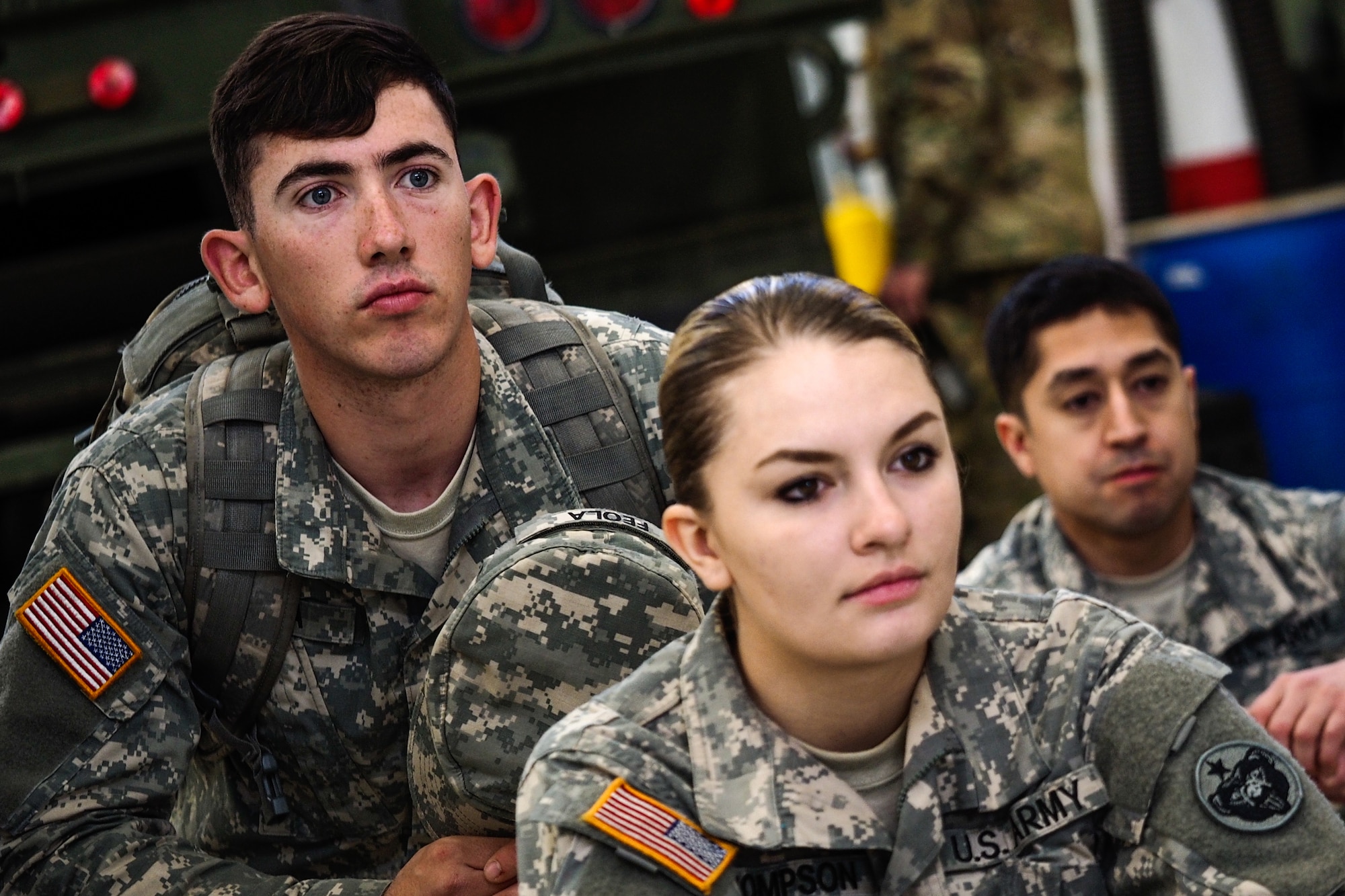 Army Pfc. Joseph Feola, a native of Springville, Fla., assigned to the 17th Combat Sustainment Support Battalion, U.S. Army Alaska, listens to a fire safety briefing during a unit Safety Stand-Down Day, Friday, May 13, 2016. The Soldiers were trained at different stations in fire prevention, personal weapons safety, outdoor recreation safety, family and personal health, and Driving Under the Influence prevention. (U.S. Air Force photo/Justin Connaher)