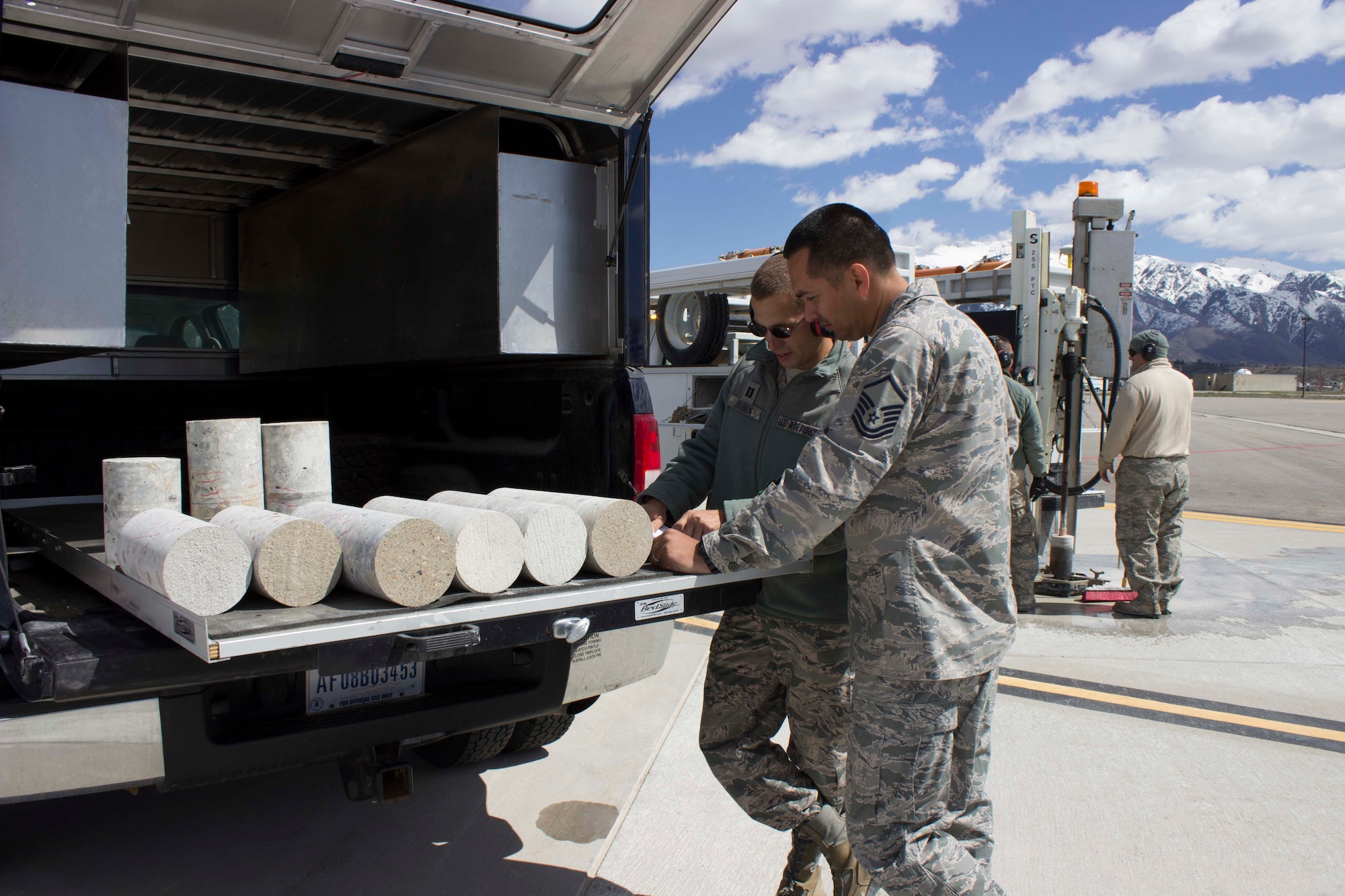 Air Force Civil Engineer Center Airfield Pavement Evaluation, or APE, Team members conduct an air field pavement evaluation in April 2016 at Hill AFB, Utah.