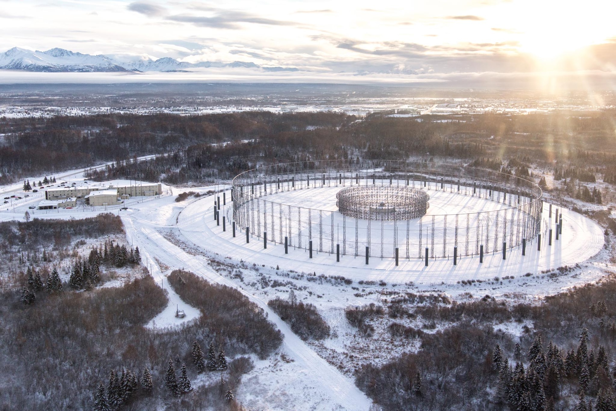 A large circular antenna array, the AN/FLR-9, or Flare-9, at Joint Base Elmendorf-Richardson was built in 1966 during the height of the Cold War. The facility is commonly referred to as the Elephant Cage due to it's large 40-acre footprint. JBER's Flare-9 antenna will be officially shut down for the first time in 50 years on 25 May, 2016. (Courtesy photo)

