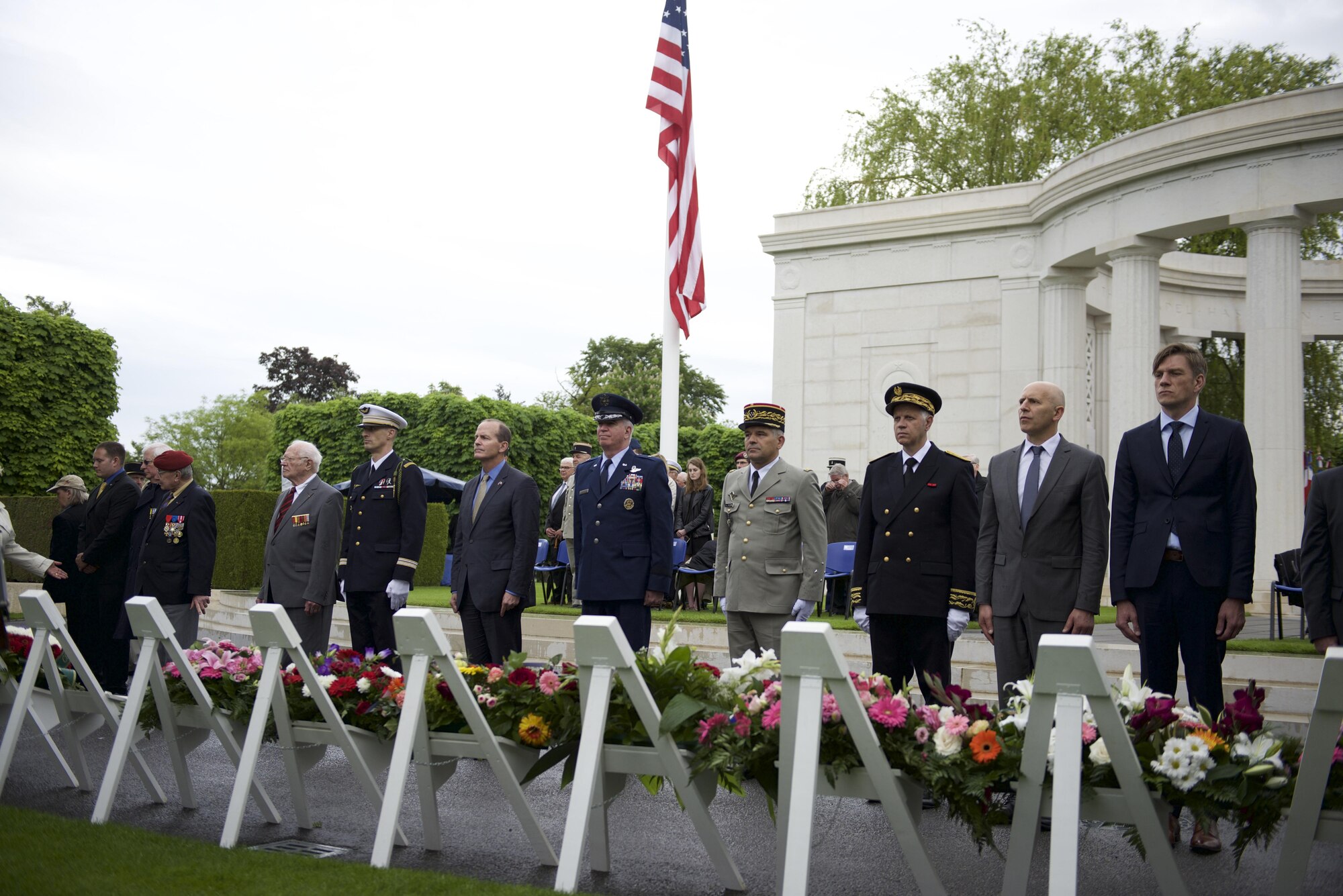 Brigadier General Robert Huston, 3rd Air Force and 17th Expeditionary Air Forces in Europe assistant vice commander, and other honored guests lay wreaths in honor of fallen service members. American and French citizens paid respects to World War I heroes during a remembrance ceremony at the Saint-Mihiel American Cemetery, May 22.