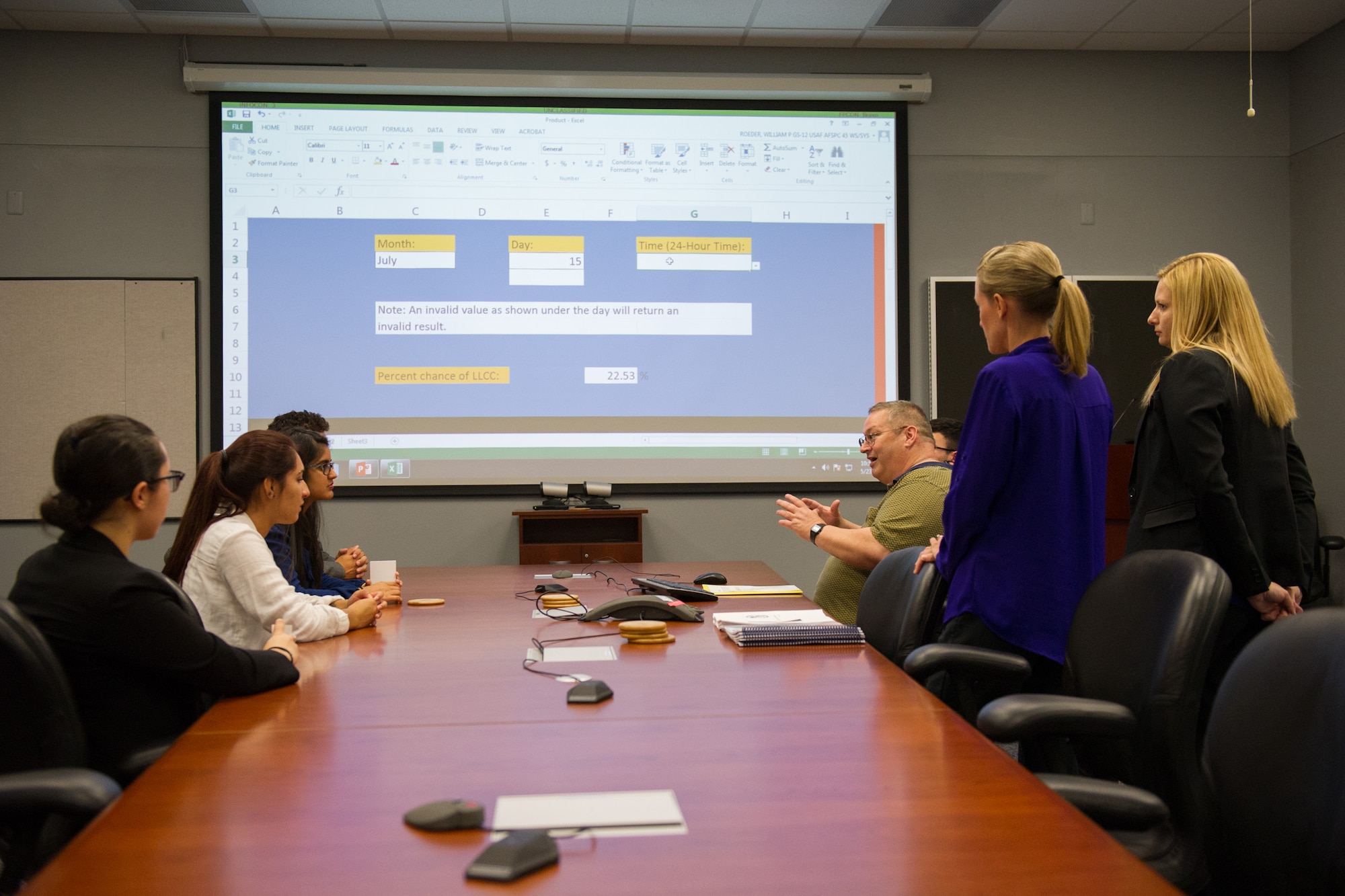 Members of the 45th Space Wing Weather Squadron met with Lake Nona High School students at Cape Canaveral Air Force Station, Fla. May 23, 2016, to discuss their Lightning Launch Commit Criteria (LLCC) findings and results in regards to weather and climatology. Prior to the school year, Bill Roeder, 45th Space Wing Weather Squadron meteorologist, reached out to the high school and introduced them to the project. The project provides students with real-world experience by following a business model of preparation, set-up, and using innovative methods to complete it. During the visit, the students also met with leadership and toured the Morrell Operations Center. (U.S. Air Force photos/Benjamin Thacker/Released) 