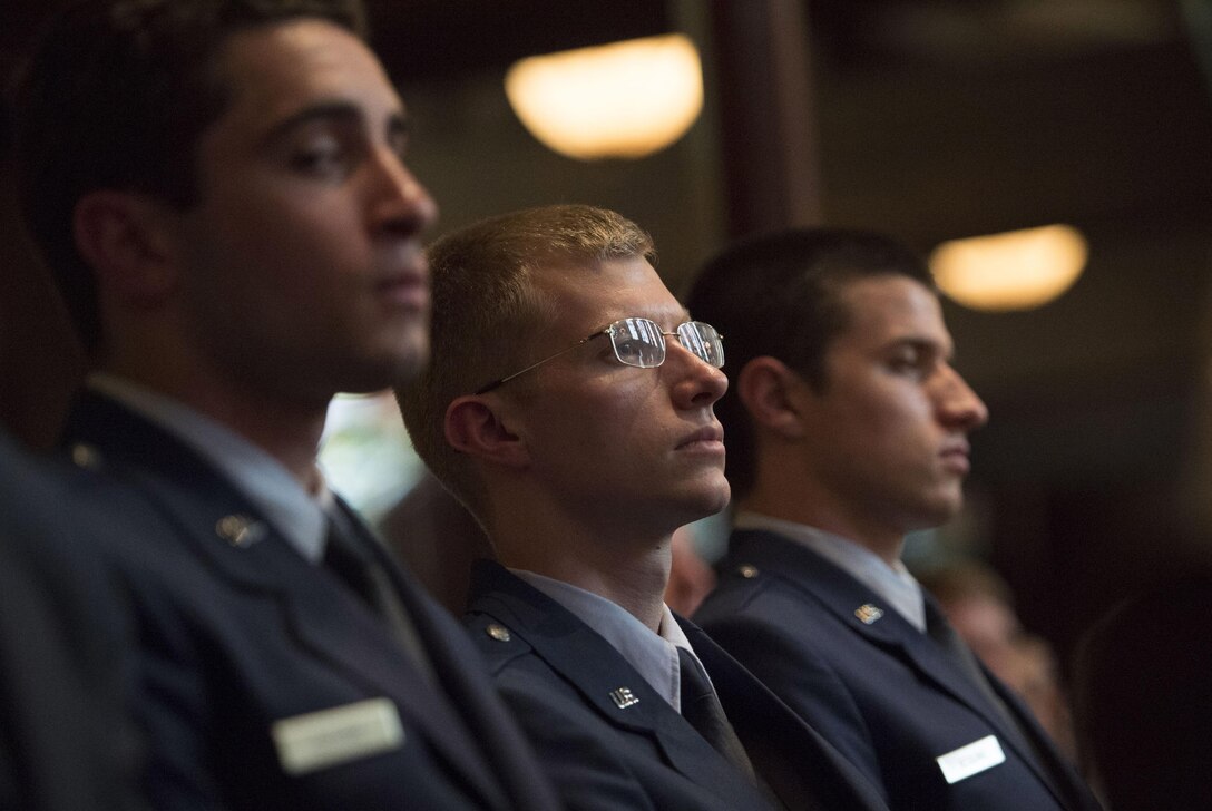 Air Force cadets listen as Defense Secretary Ash Carter delivers remarks at an Air Force and Navy ROTC commissioning ceremony at Yale University in New Haven, Conn., May 23, 2016. DoD photo by Air Force Senior Master Sgt. Adrian Cadiz